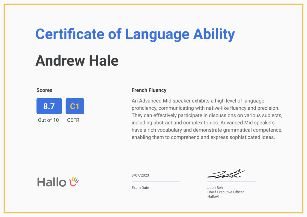 Hallo's language assessment certificate