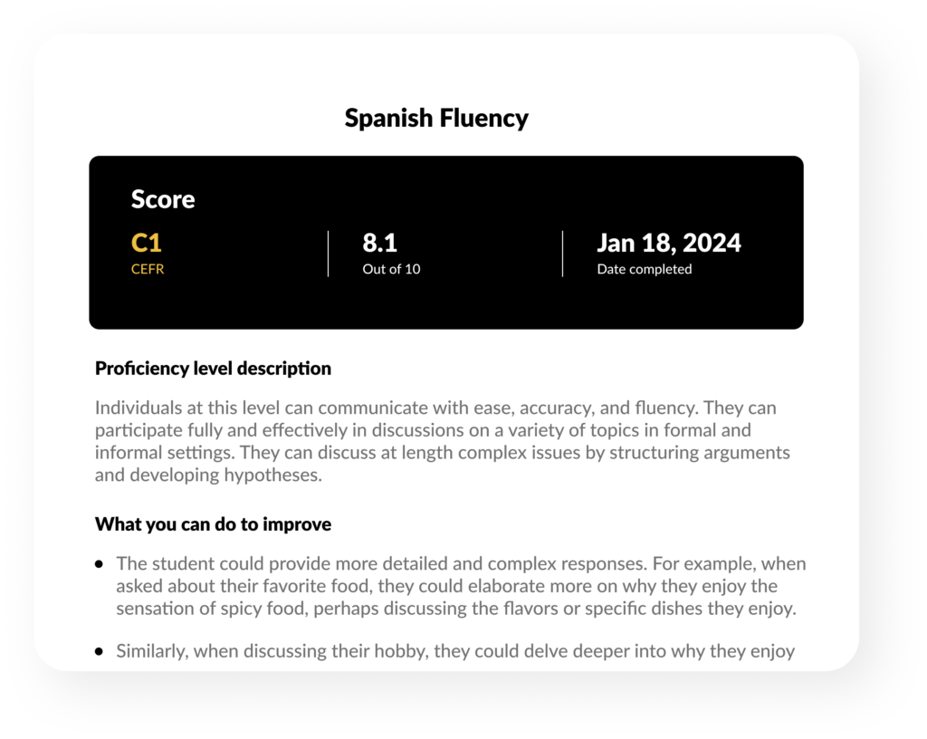 Hallo's language assessment score report sample example